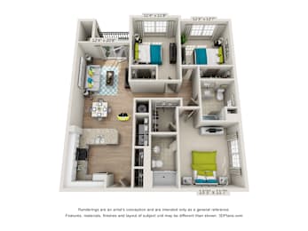 A 3D floor plan of a small apartment with a kitchen, living room, and two bedrooms.