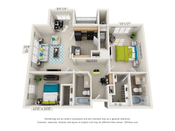 A 3D floor plan of a house with a kitchen, living room, and bathrooms.