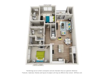 A 3D floor plan of a small apartment with a kitchen, living room, and bathroom.