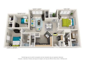 A 3D floor plan of a small apartment with a kitchen, living room, and bathroom.