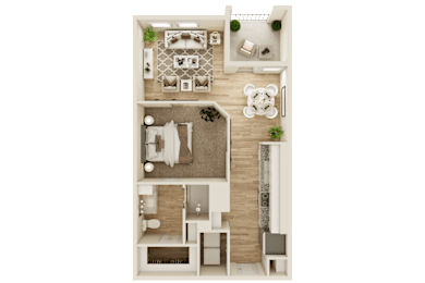 A top-down view of a house layout with a living room, kitchen, dining area, and bedrooms.