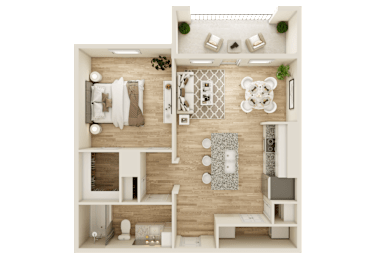 A top-down view of a modern apartment layout with a kitchen, living room, and bedroom.