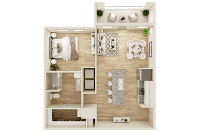 A top-down view of a small apartment layout with a kitchen, living room, and bathroom.