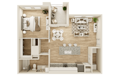 A top-down view of a well-organized apartment with a kitchen, living room, and bathroom.