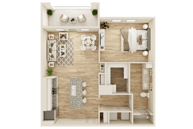 A top-down view of a small apartment with a kitchen, living room, and bathroom.