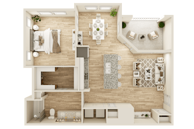 A top-down view of a house layout with a kitchen, dining area, living room, and bathroom.