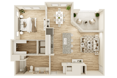 3D floor plan with living and dining areas at The Ovilla at Legacy Square Apartments, Red Oak, Texas