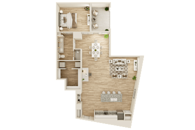 3D floor plan with living area and bedroom at The Ovilla at Legacy Square Apartments, Red Oak