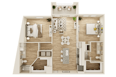 3D floor plan with two bedrooms and two bathrooms at The Ovilla at Legacy Square Apartments, Texas