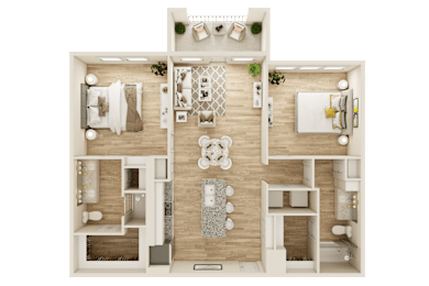 3D floor plan with two bedrooms and balcony at The Ovilla at Legacy Square Apartments, Texas, 75154