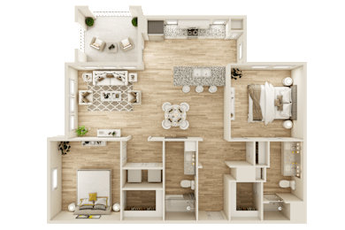 A 3D rendered image of a house layout.
