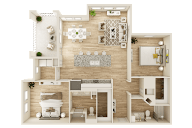 A 3D floor plan of a house with a living room, dining room, kitchen, and two bedrooms.
