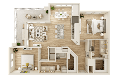 3D floor plan with two bedrooms and dining room at The Ovilla at Legacy Square Apartments, Red Oak, 75154