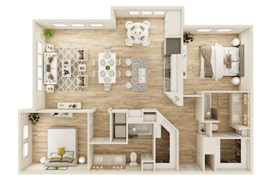 3D floor plan with two bedrooms and open kitchen at The Ovilla at Legacy Square Apartments, Red Oak, Texas