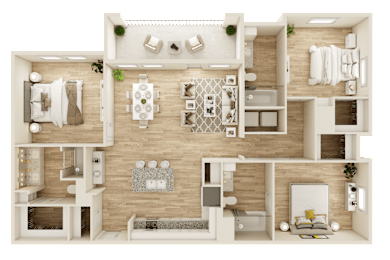 3D floor plan with two bedrooms and central kitchen at The Ovilla at Legacy Square Apartments, Red Oak