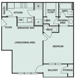 Floor plan of A1 Ponce which is a one bedroom with one bathroom and 710 square feet at Park Summit in Decatur GA