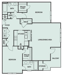 B3 floor plan with is a 2 bedroom 2 bathroom 1243 square feet at Park Summit in Decatur GA