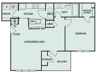 floor plan of the A3, Church which is a one bedroom one bathroom at 827 square feet at Park Summit in Decatur GA