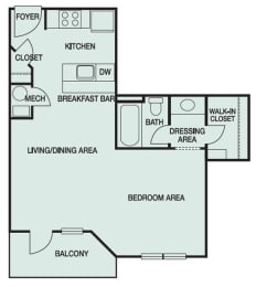Floor plan of Studio apartment that is 522 sq ft at Park Summit in Decatur GA