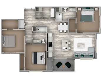 3bedroom 2 bathroom floor plan at The Beck at Hidden River Apartments, Tampa, FL,  33637