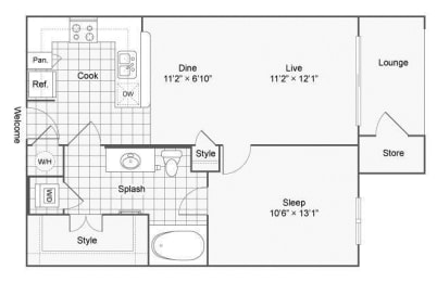 A1 one bedroom one bathroom 677 sq ft at The Haven, Atlanta Georgia
