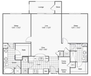 B7 two bed two bath Floor Plan at The Haven, Atlanta, 30329