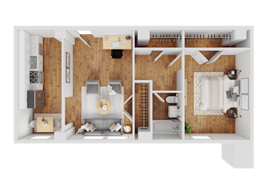 A 3D rendered image of a house layout.