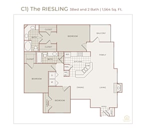 3Bed 2Bath Floor Plan at The Vineyards Apartments, Germantown