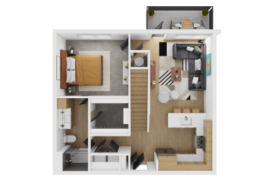 a rendering of a 3d floor plan with a bedroom and a living room