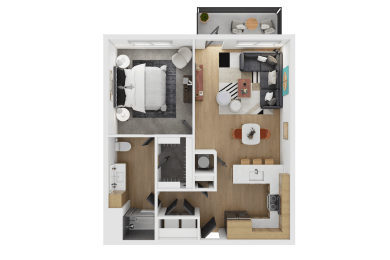a 3d floor plan of a bedroom with a bathroom and a living room