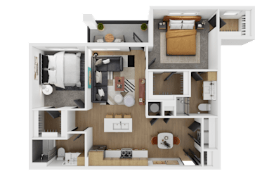 A top-down view of a small apartment layout with a kitchen, living room, and bedroom.