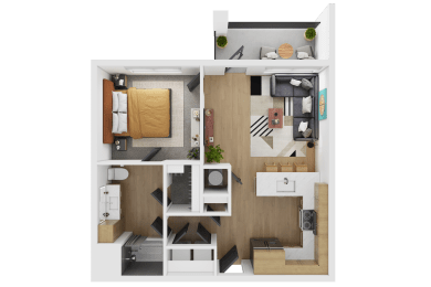a 3d rendering of a furnished apartment with a bedroom and a living room