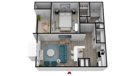 One bedroom floor plan and living space at Wood Terrace Apartments, Doraville, GA 30340