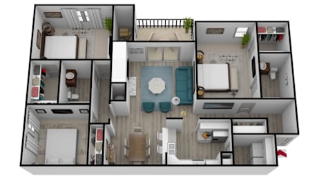 Three bedrooms floor plan and balcony at Wood Terrace Apartments, Doraville, GA
