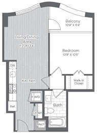 A floor plan of a small apartment with a living/dining area, kitchen, bathroom, and bedroom.