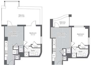A floor plan of a two bedroom apartment with a living and dining area.