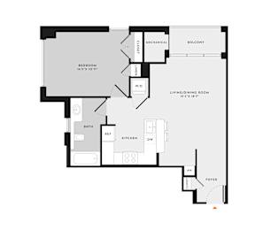 A floor plan of a home with a living room, dining room, kitchen, bathroom, and bedroom.