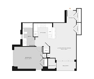 A floor plan of a house with a living/dining room, kitchen, bathroom, and bedroom.