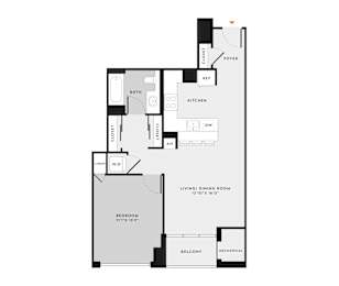 A floor plan of a house with a living room, dining room, bedroom, kitchen, and bathroom.