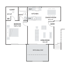 A floor plan of a house with a living room, dining room, kitchen, bathroom, bedroom, and closet.