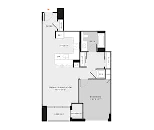 A floor plan of a small apartment with a living room, dining room, kitchen, and bedroom.