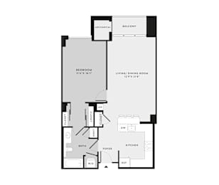 A floor plan of an apartment with a living room, dining room, bedroom, and kitchen.