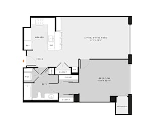 A floor plan of a small apartment with a kitchen, living room, and bedroom.