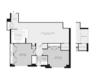 A floor plan of a home with a living room, two bedrooms, a kitchen, and a balcony.