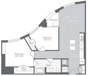 A floor plan of a home with a living area, two bedrooms, a bathroom, a kitchen, and a chef's island.