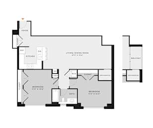 A black and white image of a floor plan for an apartment.