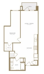 an illustration of a 1 bedroom floor plan with an open floor plan