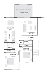A floor plan of a house with a dining room, living room, kitchen, and two bedrooms.