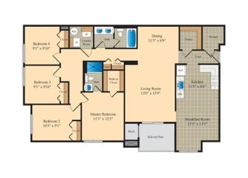 three level floor plan of a residence with two bedrooms and two baths