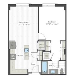A floor plan of a small apartment with a living area, kitchen, bathroom, and bedroom.